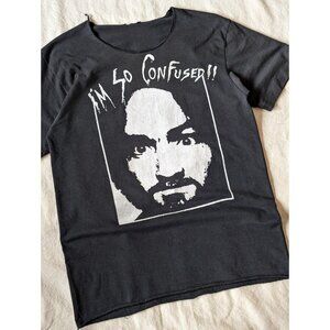 Vintage Charles Manson Tee Black Graphic Faded Grunge Punk Cropped Small 90s